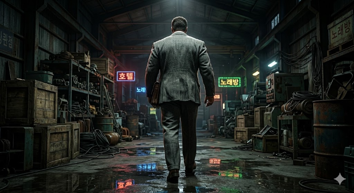 압도적인 피지컬로 범죄 현장을 제압하러 들어가는 괴물형사 마석도의 긴장감 넘치는 뒷모습