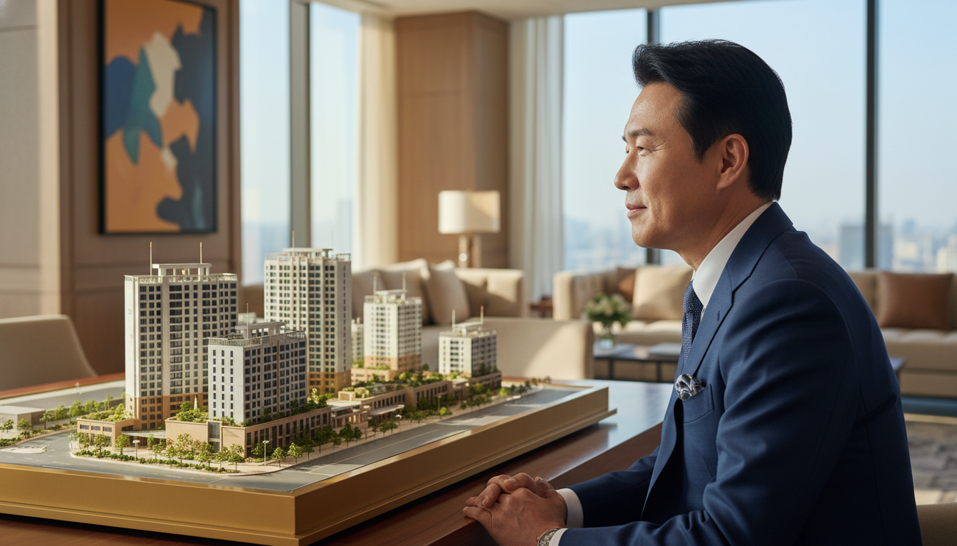 상속세 폭탄 피하는 고령자 사전 증여 및 부동산 관리 전략. 고급 맞춤 정장을 입은 중년 한국 남성의 옆모습. 정교한 도시 아파트 건축 모형을 심각하고 사색적인 표정으로 바라보고 있음. 에디토리얼 사진, 시네마틱 조명, 얕은 피사계 심도, 부의 관리와 고뇌를 전달.