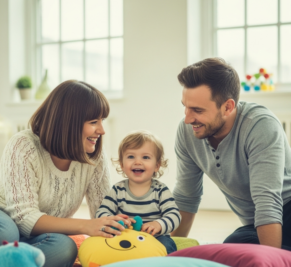 엄마와 아빠 아이가 함께 웃고 있는 사진