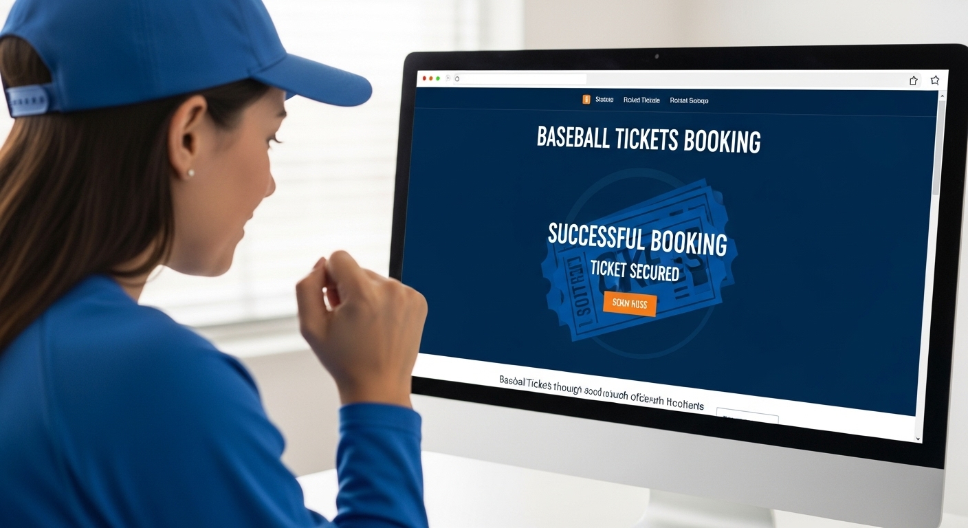 컴퓨터 화면에 한국시리즈 티켓 예매 성공 메시지가 뜨고, 기뻐하는 팬의 모습. 정직한 예매의 성공을 상징.