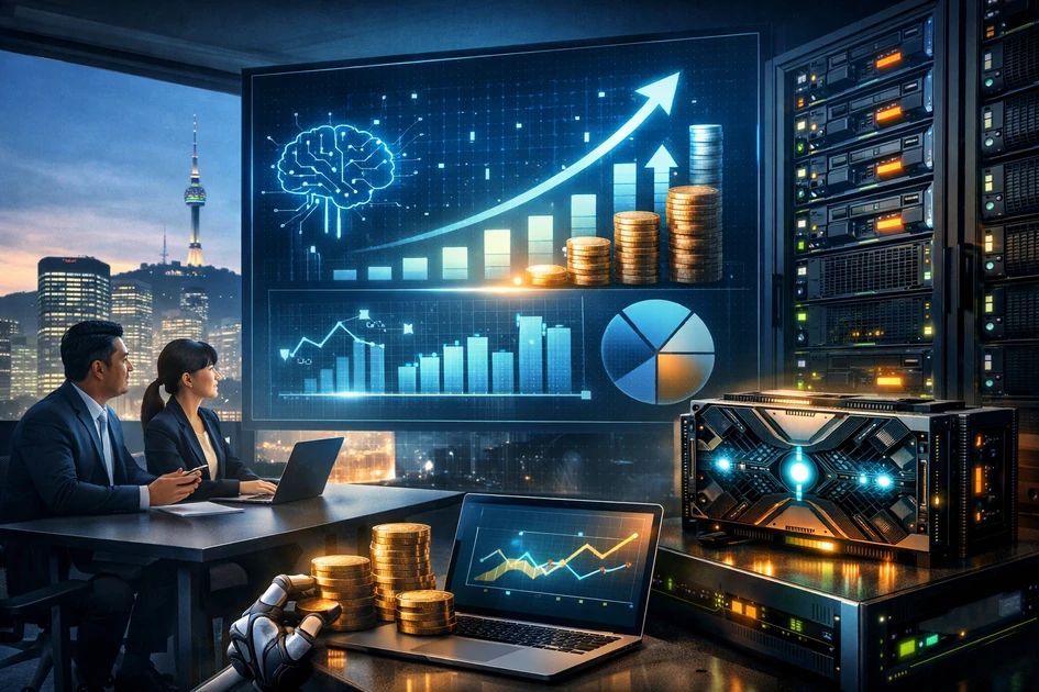 서울 야경이 보이는 사무실에서 두 명의 직장인이 딥러닝 도입 예산과 ROI를 분석하는 대형 디지털 대시보드를 바라보고, 옆에는 서버 랙과 GPU 장비, 상승 그래프와 동전 스택이 배치된 장면