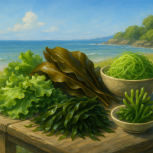 해초의 질감과 색감이 사실적으로 묘사되어 식재료의 신선함과 자연 친화적 느낌을 강조한다.