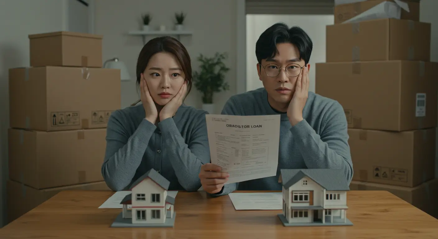 기존 집과 새로 이사할 집 모형 사이에서 1가구 2주택 주택담보대출 서류를 보며 고민하는 한국인 부부