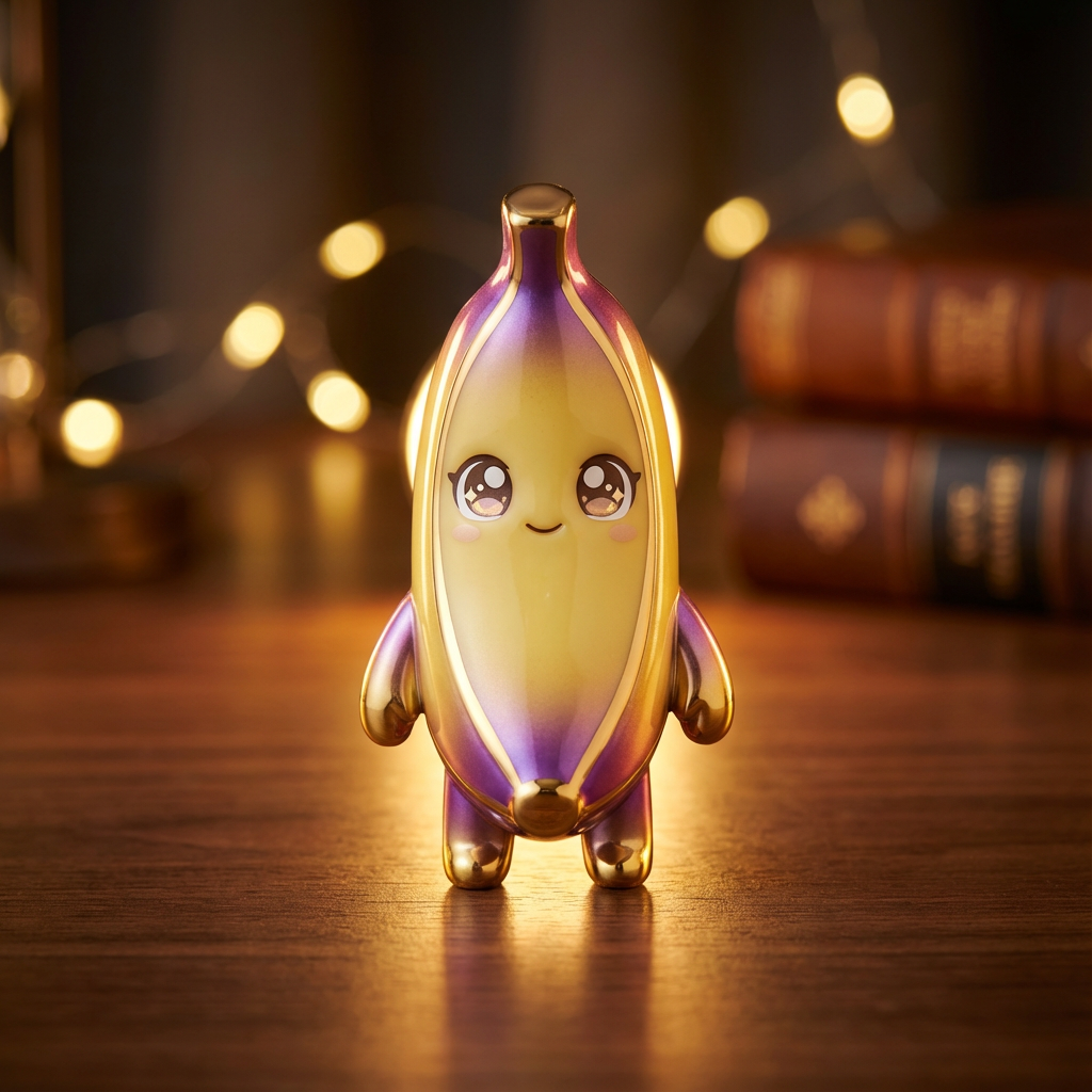 귀여운 바나나 피규어 캐릭터가 책상 위 조명 배경 앞에 서 있는 모습