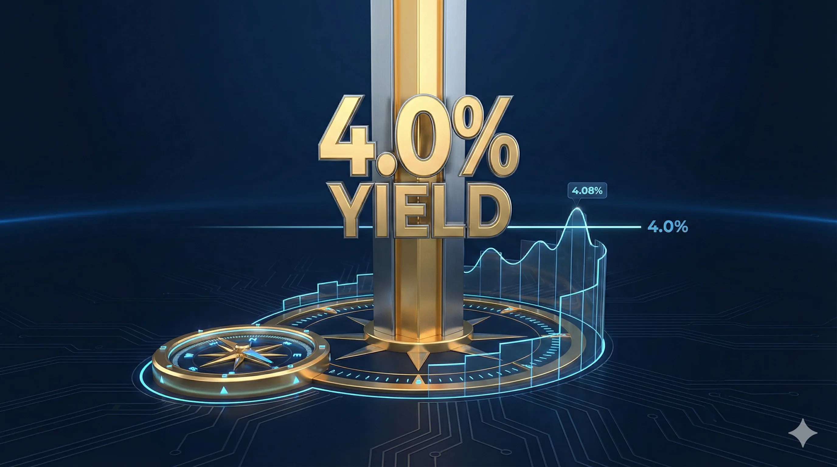 미 국채 10년물 금리: 3D visual of a 4.0% yield anchor representating the strong support level in US bond market by Finory