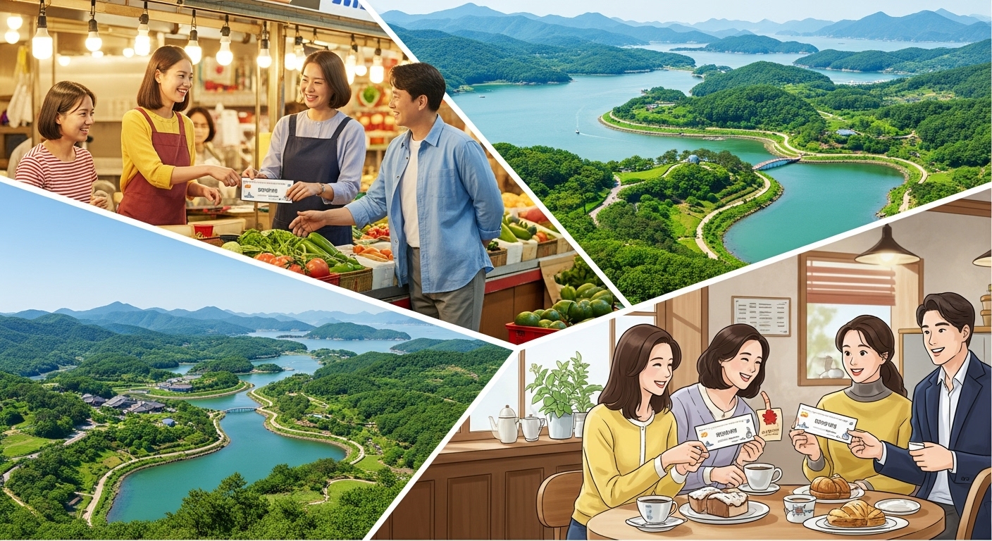 순천만국가정원의 아름다운 풍경과 함께, 시민들이 순천사랑상품권을 이용해 지역 상점에서 즐겁게 쇼핑하는 모습.