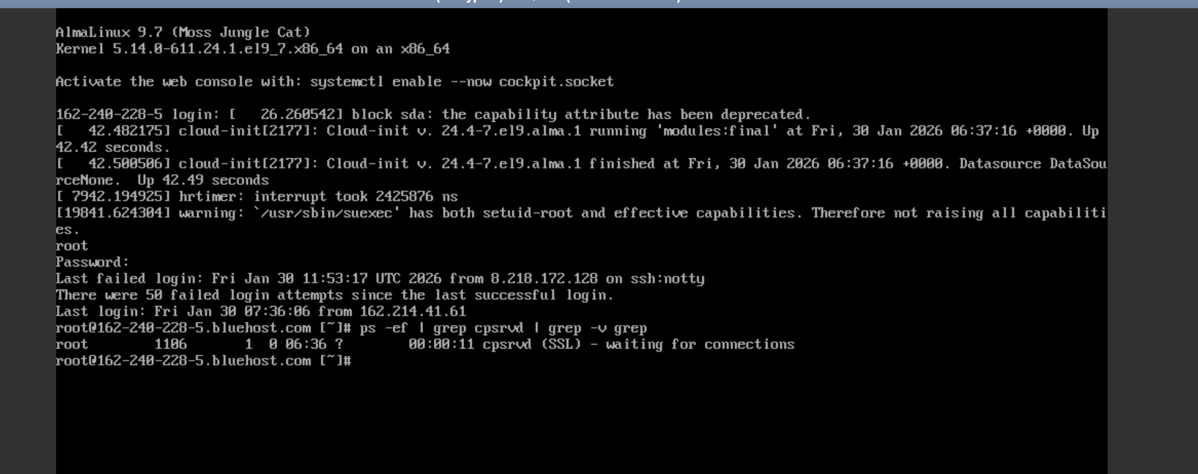 SSH 터미널에서 cpsrvd(WHM/cPanel 서비스) 상태를 확인하는 예시 화면