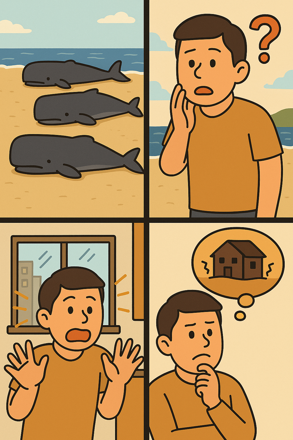 4컷 만화 스타일의 일러스트.
1컷: 해변에 향유고래 세 마리가 떠밀려와 누워 있는 모습.
2컷: 남성이 고래를 보고 놀라며 손으로 입을 가린 채 의문을 품고 있다.
3컷: 창문 밖을 바라보며 놀란 표정으로 손을 든 남성, 지진의 징후를 감지한 듯한 모습.
4컷: 남성이 턱을 괴고 생각에 잠긴 채, 머리 위 말풍선 안에 흔들리는 집 아이콘이 떠 있다 (지진을 예상하는 듯한 상황).