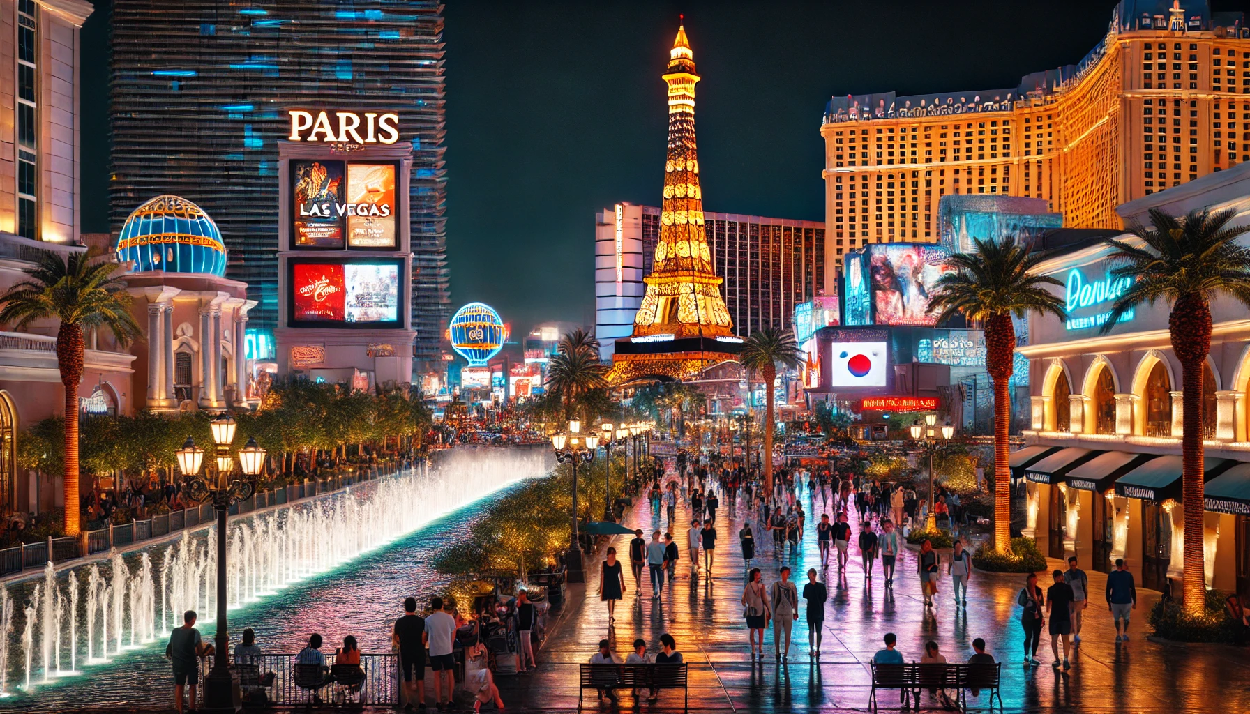 라스베이거스 스트립의 네온사인 거리와 분수, 에펠탑이 보이는 배경에서 산책하는 모습