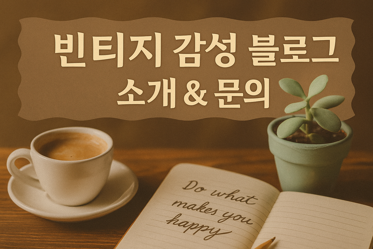 블로그 소개 &amp; 문의 글 썸네일 - 커피잔과 다이어리, 허브 화분이 있는 이미지