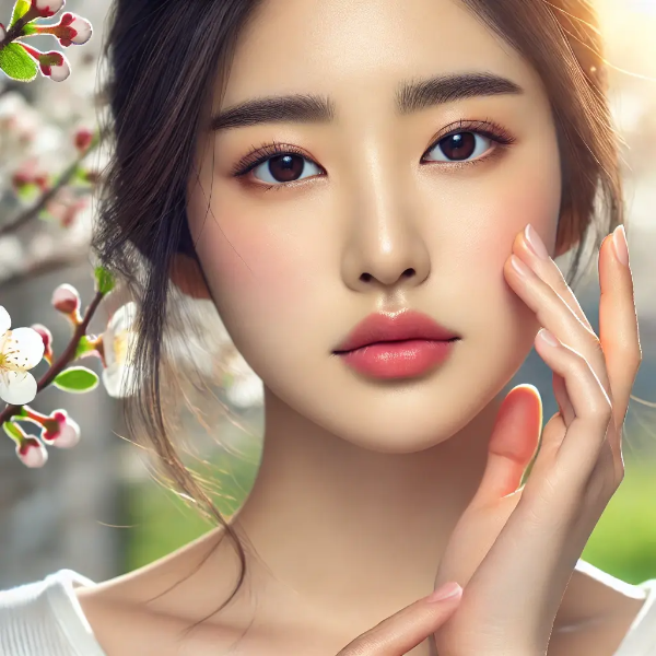 봄날 야외에서 얼굴을 살짝 만지며 피부를 살피는 동양인 여성