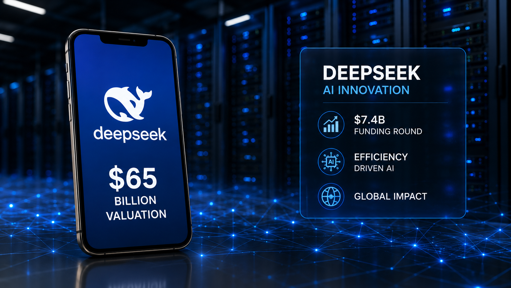 DeepSeek logo displayed on a smartphone inside a modern data center, representing the company's $65 billion valuation, AI innovation, and efficiency-focused growth strategy.