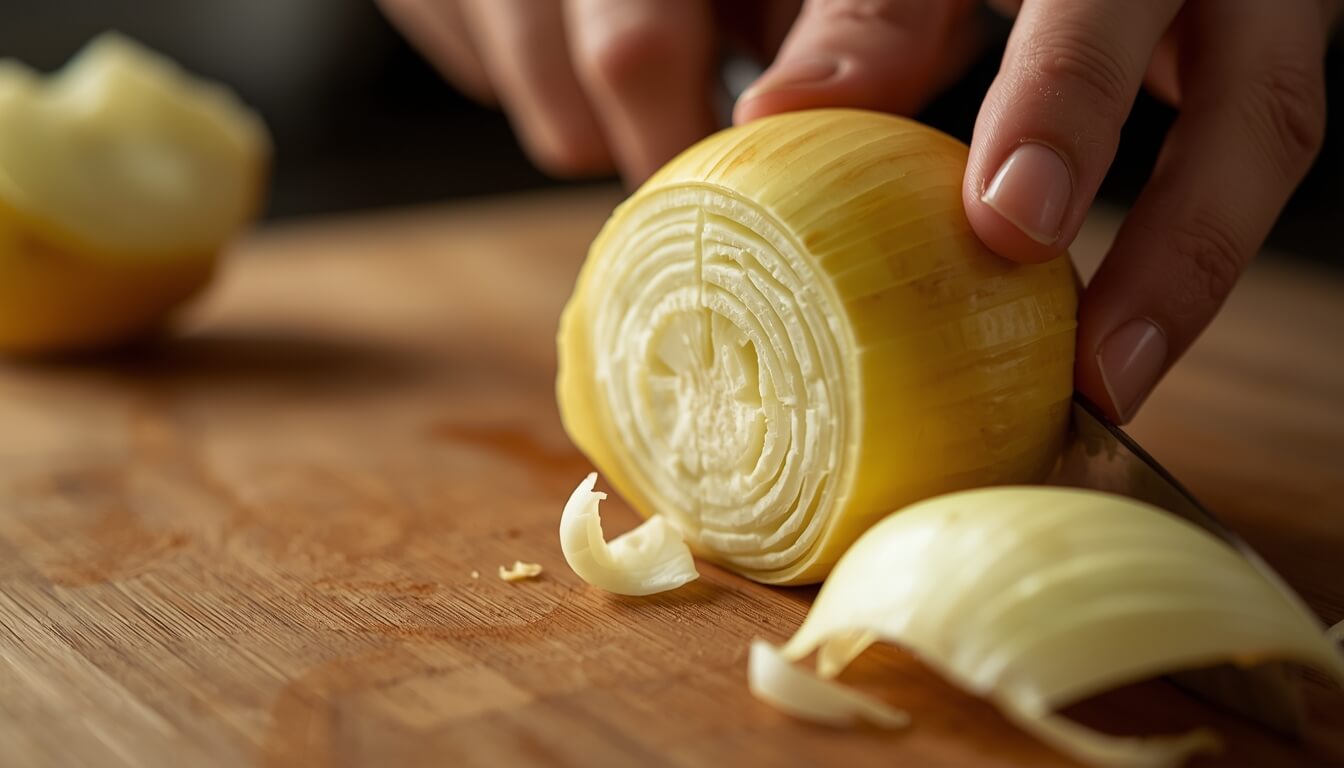 나무 도마 위에서 신선한 양파를 손질하고 있는 모습