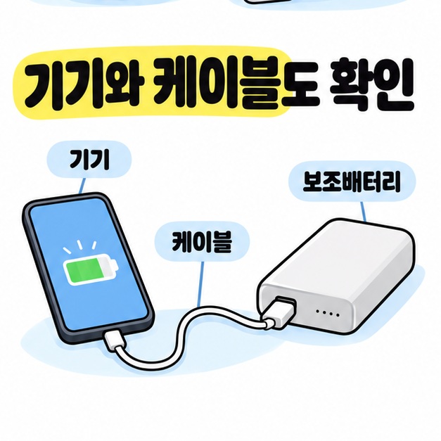기기와 케이블도 확인 문구 아래 스마트폰, 연결 케이블, 보조배터리를 각각 표시한 충전 장면