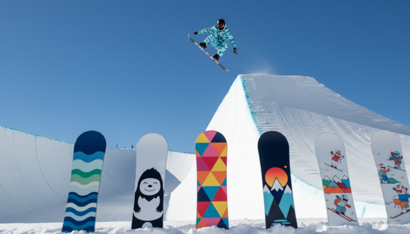 하프파이프에서 고공 점프를 하는 스노보드 선수와 눈 위에 세워진 5개의 초보자용 추천 스노보드 데크