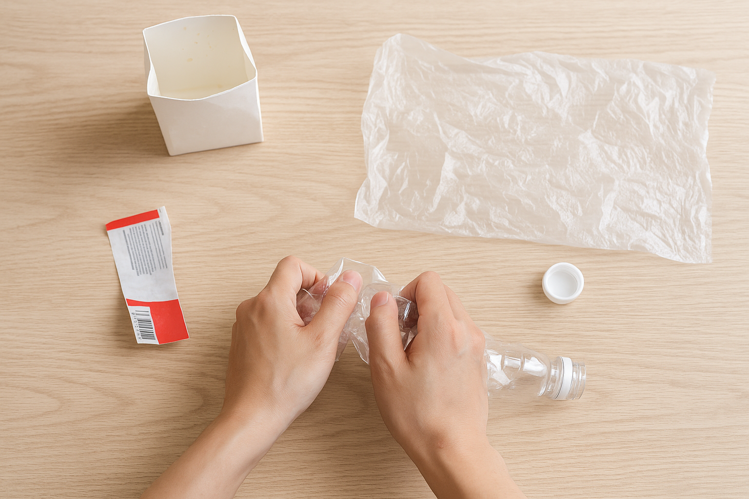 투명 페트병 배출 순서—라벨 제거 후 병을 구기고 뚜껑을 닫기, 비닐은 펼쳐 배치