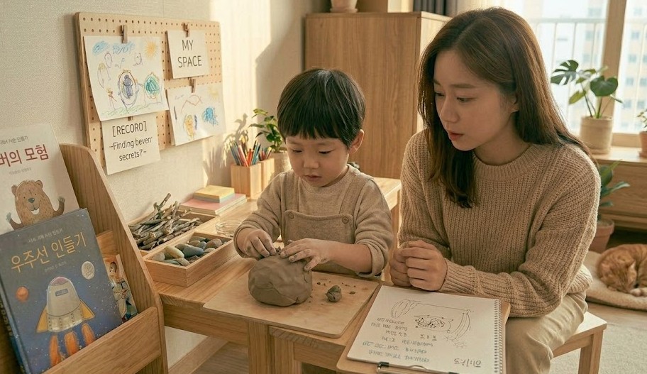 햇살이 비치는 아틀리에에서 아이의 찰흙 놀이를 관찰하며 수첩에 기록하는 공동 연구자 엄마와 쉬고 있는 고양이의 모습