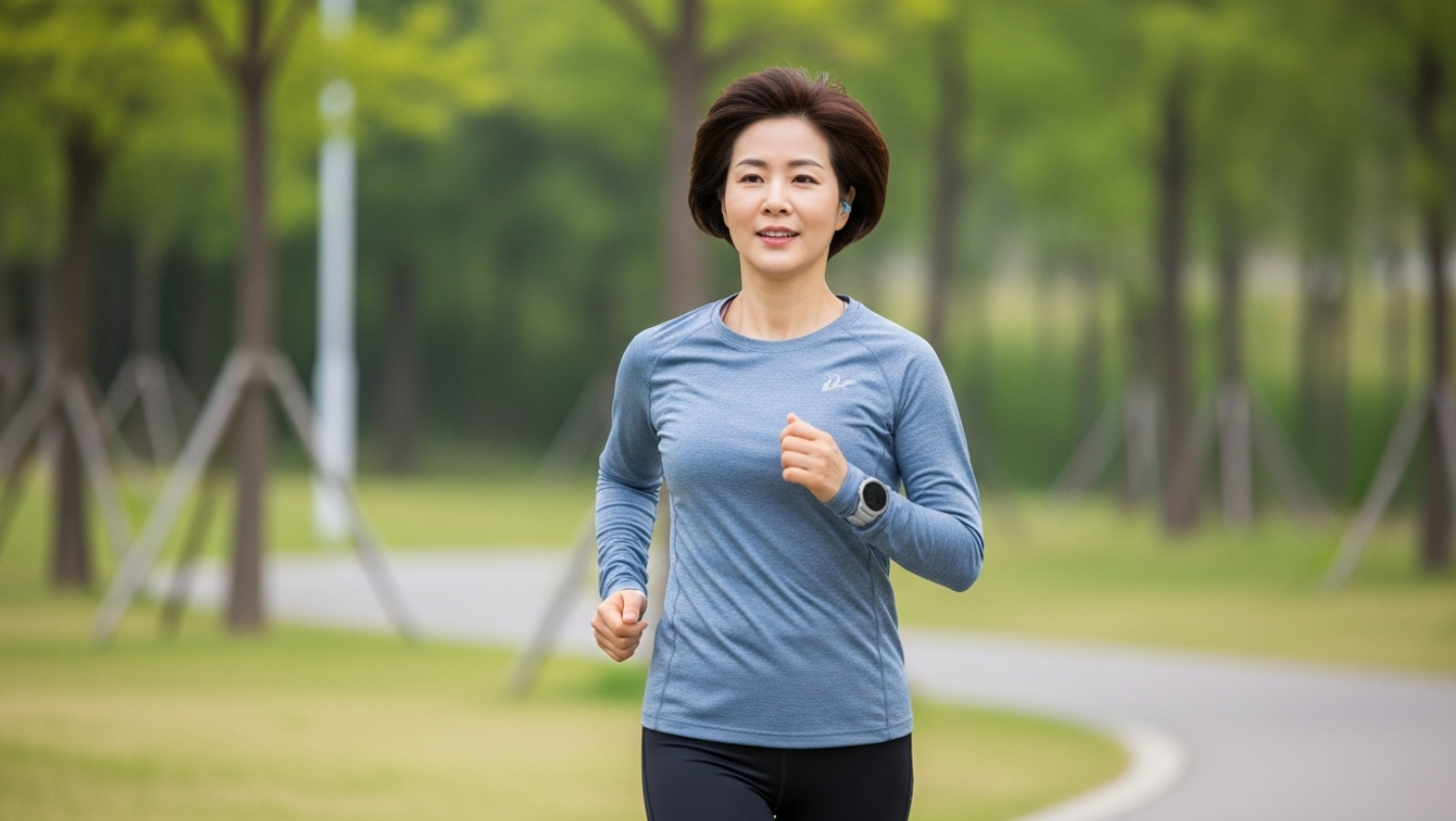 여성분이 즐겁게 슬로우 조깅하는 이미지