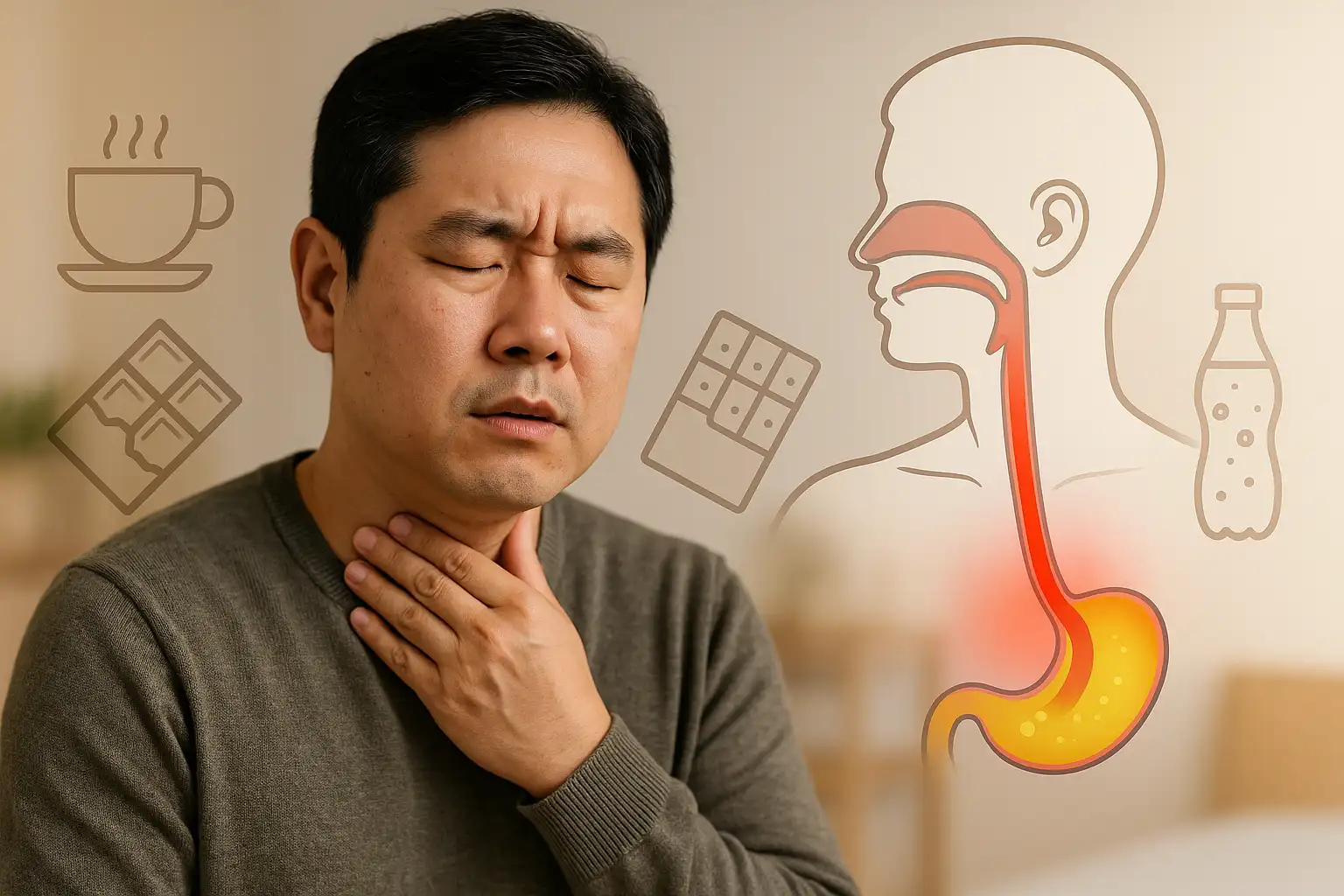 위산이 식도로 역류해 목구멍을 자극하는 의학 일러스트, 목에 불편함을 느끼는 인물, 배경에 음식(커피, 초콜릿, 탄산음료, 튀김) 아이콘