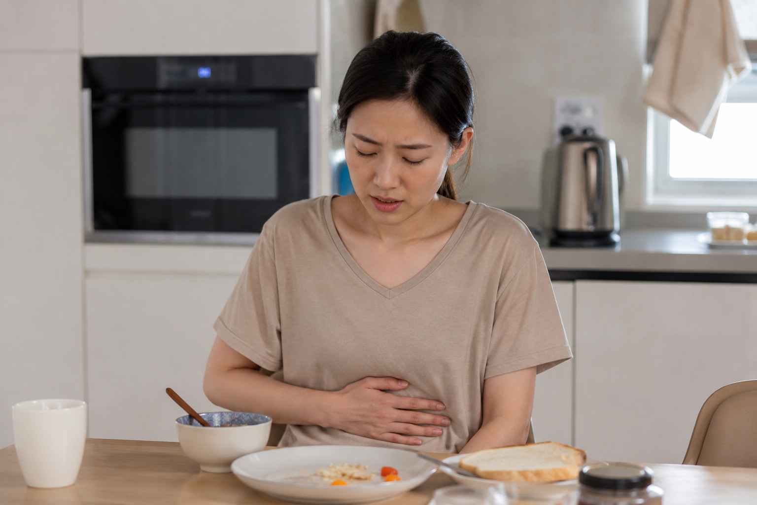 아침 식사 후 윗배를 손으로 짚으며 더부룩함을 느끼는 여성