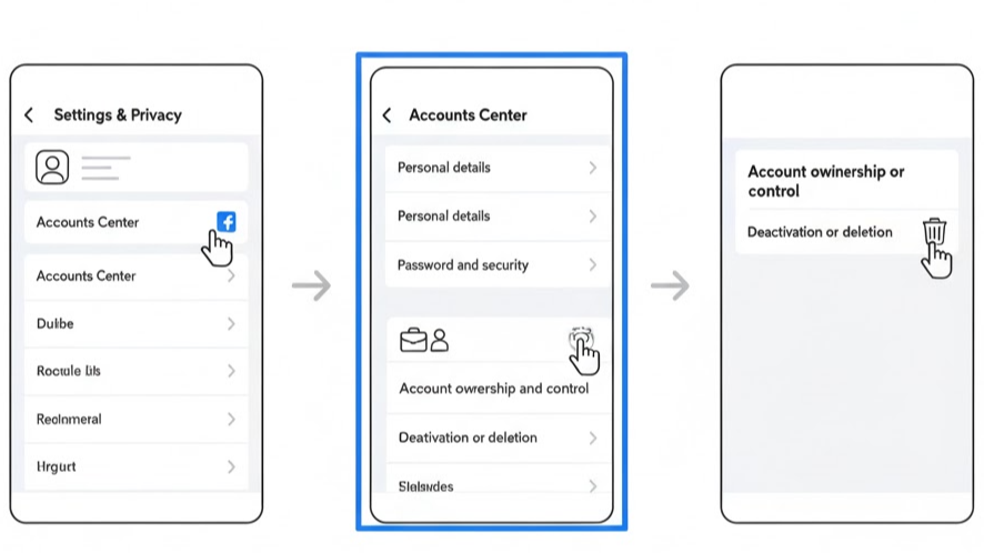인스타그램 앱에서 계정센터로 들어가 비활성화 또는 삭제 메뉴를 찾는 화면 흐름 일러스트