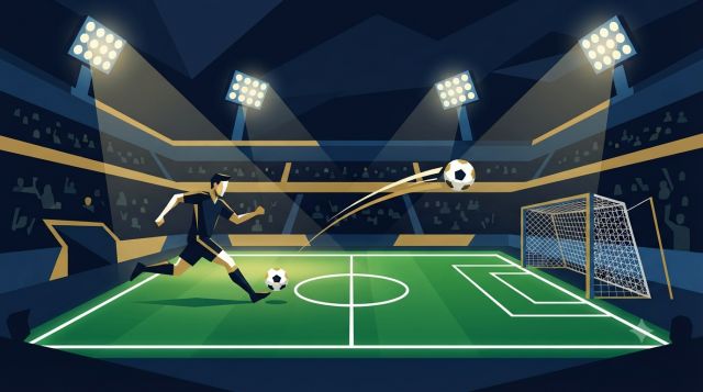 축구 경기장에서 골대를 향해 날아가는 축구공과 선수 실루엣을 표현한 플랫 벡터 일러스트