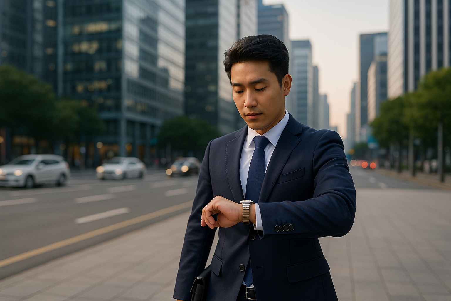 서울 도심 배경에서 정장을 입고 퇴근 중인 한국인 직장인이 손목시계를 확인하는 장면, 주 4일제와 워라밸을 상징하는 가로 이미지