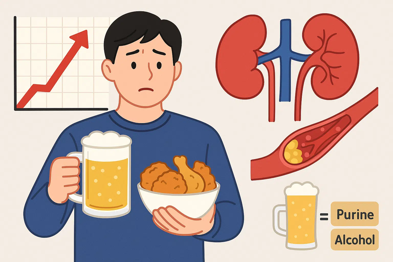 치킨과 맥주 한잔을 들고 있는 남성, 요산 수치가 치솟는 그래프가 겹쳐진 장면, 신장과 혈관이 강조