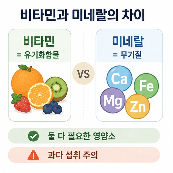 유기화합물인 비타민과 무기질인 미네랄의 차이 및 두 영양소 모두 과도한 보충제 섭취를 주의해야 함을 설명한 이미지