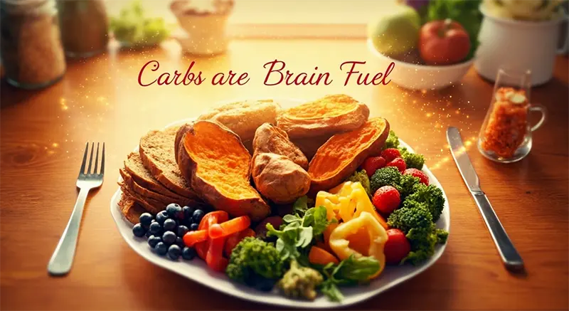 주방 식탁 위 하얀 접시에 고구마, 통곡물 빵, 과일, 채소 등이 담겨있는 이미지.