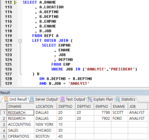 ANSI LEFT OUTER JOIN (ON 절 조건 부여)
