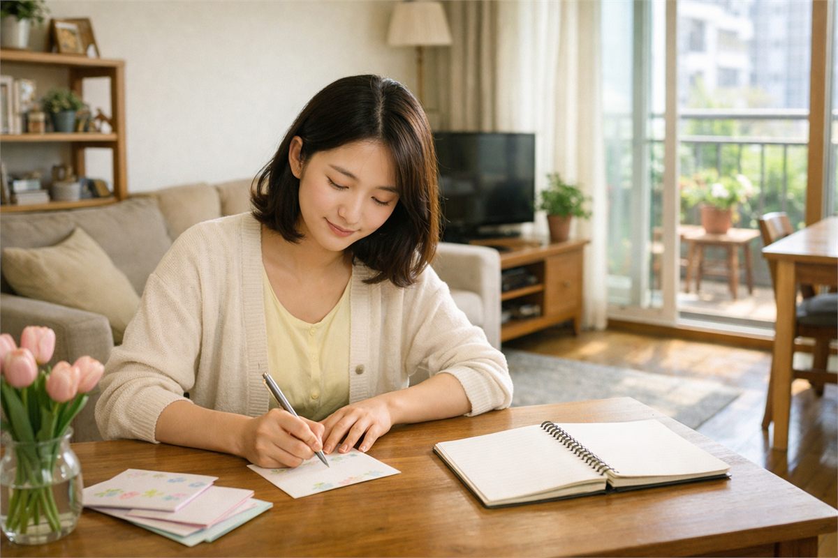 4월 안부 인사를 손글씨로 정리하는 한국인 여성의 모습 