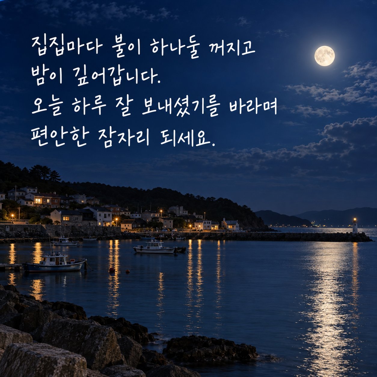 잠들기 전 편안한 밤 인사 이미지 26 — 집집마다 불이 하나둘 꺼지고 밤이 깊어갑니다. 오늘 하루 잘 보내셨기를 바라며 편안한 잠자리 되세요.