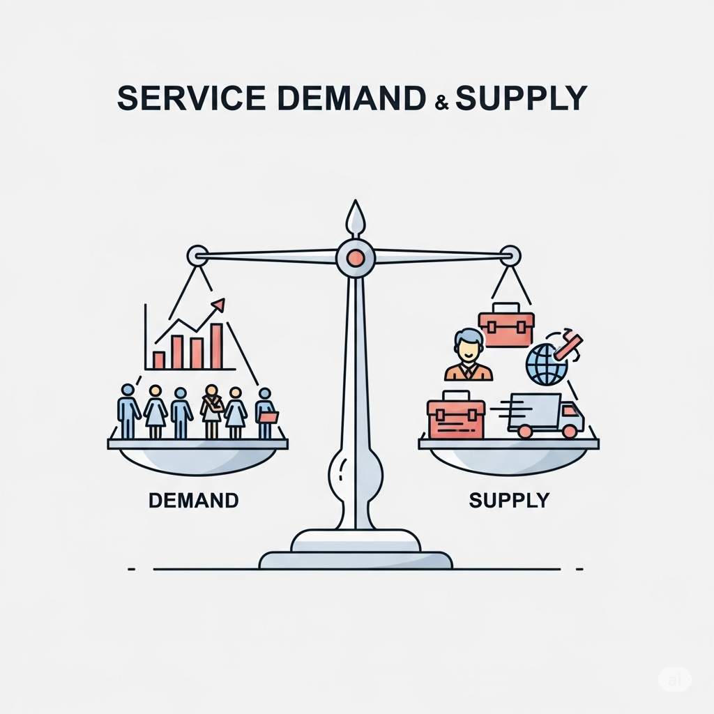 저울 이미지를 사용하여 수요와 공급의 균형을 보여주며, 효율적인 서비스 제공의 중요성을 강조합니다