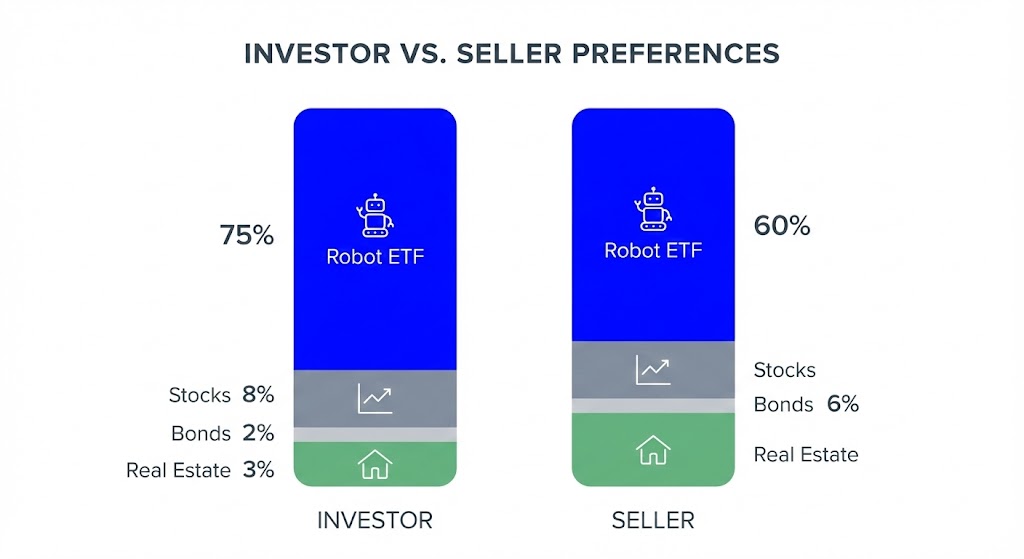 투자자와 판매자의 선호도 차이를 보여주는 인포그래픽, 로봇 ETF가 양쪽 모두에서 1위를 차지한 모습