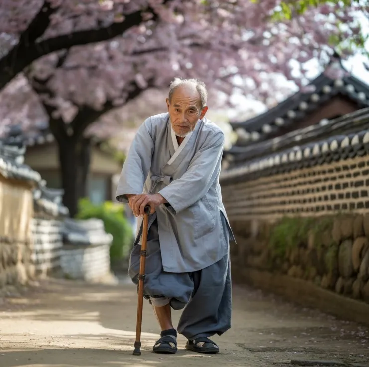 인공관절 수술비 지원 - 무릎이 아파서 지팡이를 짚고 걷고 있는 노인
