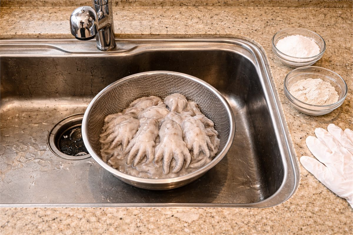 세척을 마친 주꾸미를 채반에 밭쳐 물기를 빼는 모습