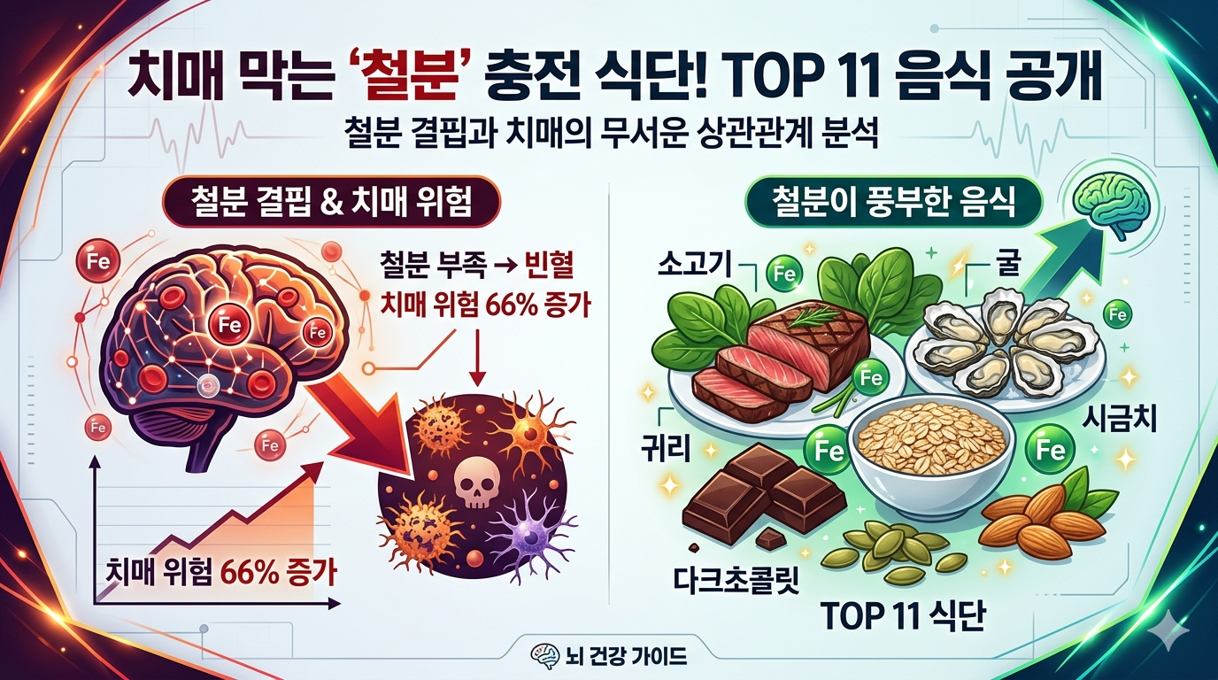 철분이 풍부한 소고기, 시금치, 굴 등의 신선한 식재료 이미지와 함께 '철분 부족, 치매 위험 66% 증가'라는 경고 문구가 담긴 건강 정보 썸네일