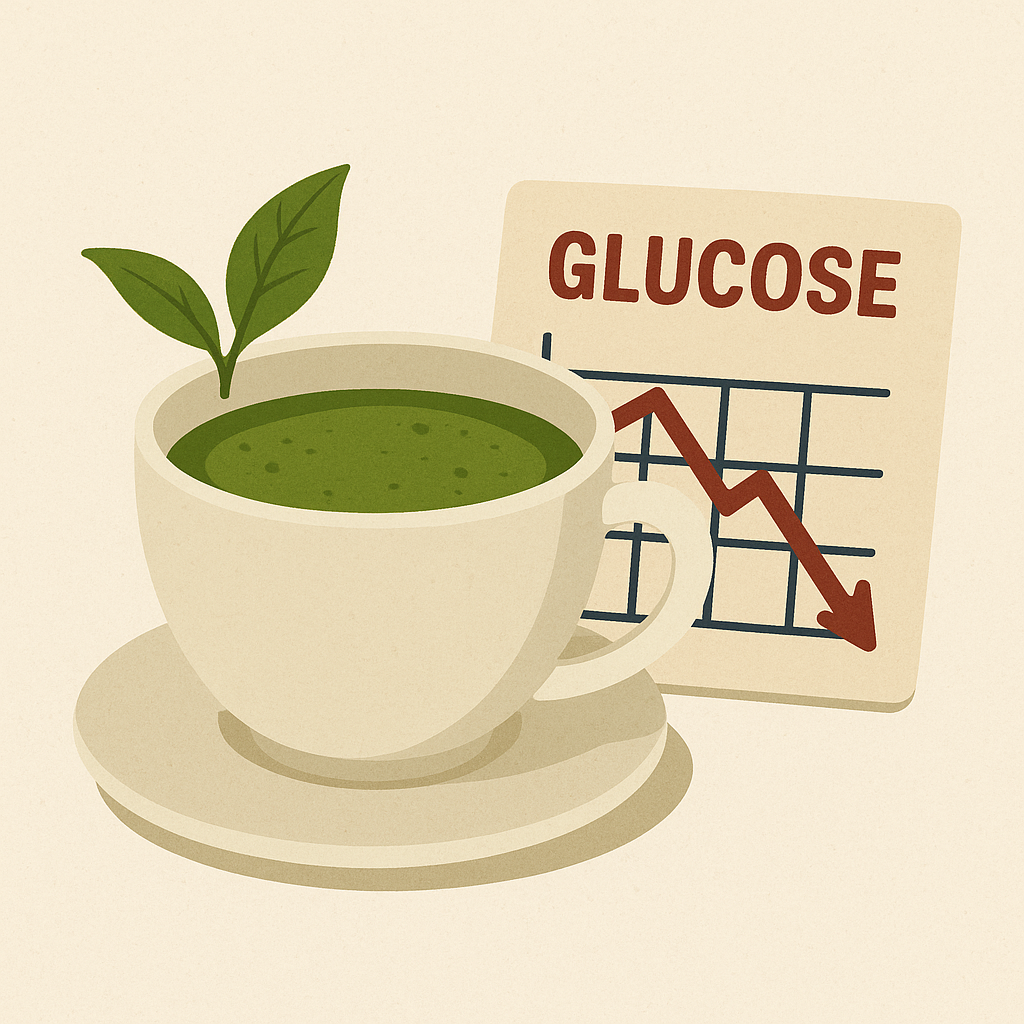 “흰색 찻잔에 담긴 녹차와 곁에 놓인 혈당 그래프. 그래프에는 붉은 화살표가 내려가는 모습이 그려져 있어 혈당 감소 효과를 상징한다.”