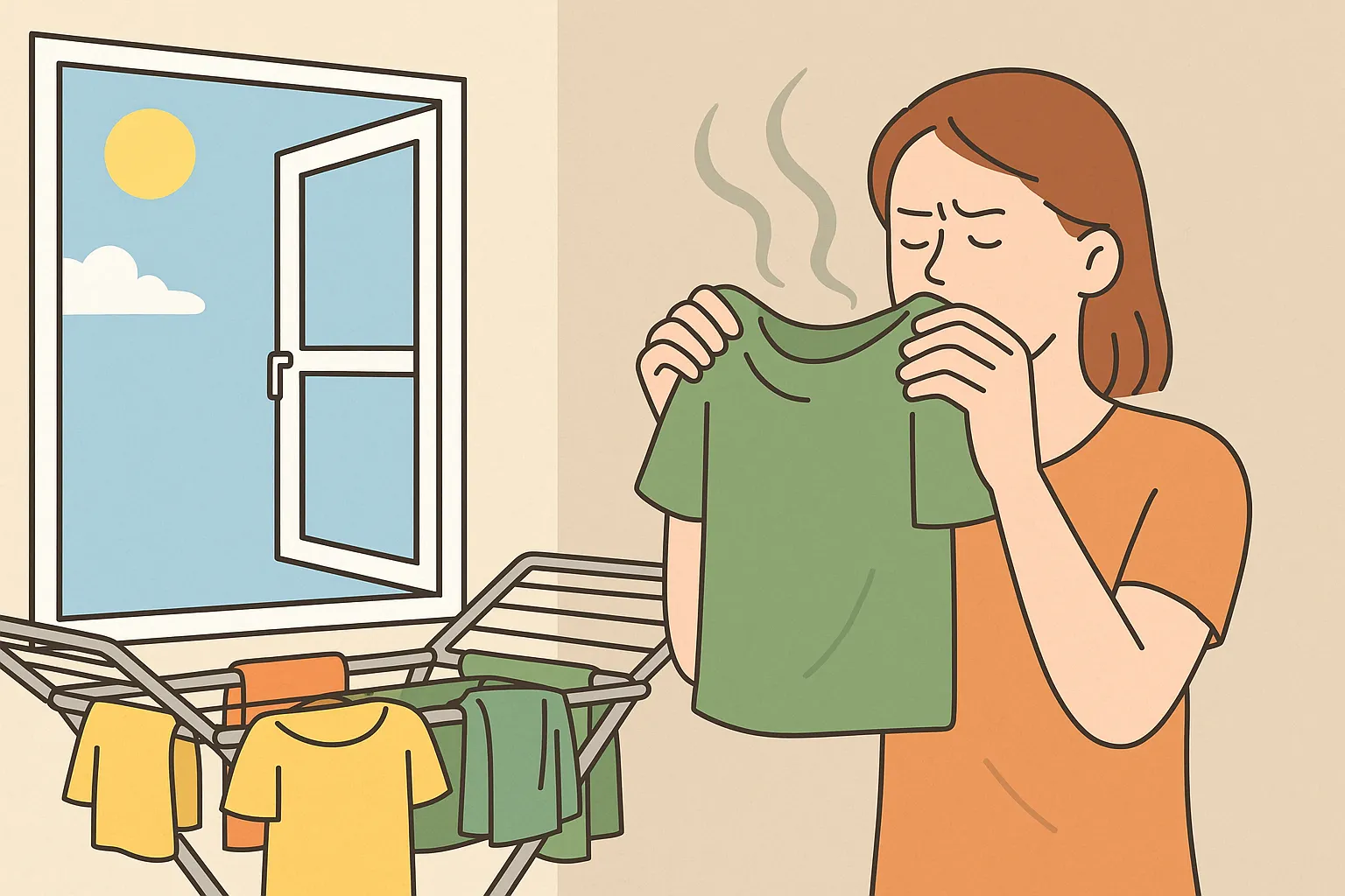 실내의-통풍이-좋은-곳과-어두운-곳에-각각-놓인-건조대의-빨래가-건조-속도와-냄새에서-차이를-보이는-모습을-묘사한-과학적-생활-일러스트