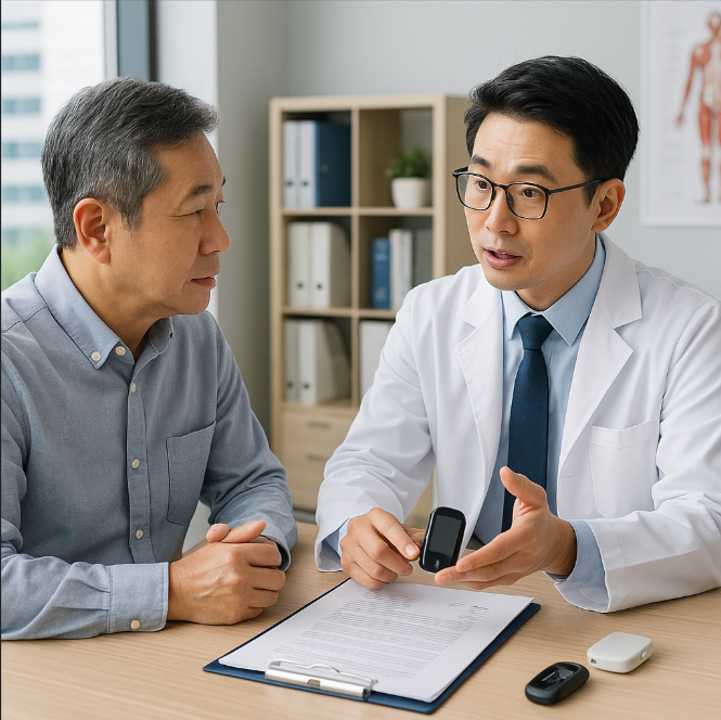 내과 진료실에서 중년 남성이 의사에게 연속혈당측정기 사용법에 대해 설명을 듣는 장면