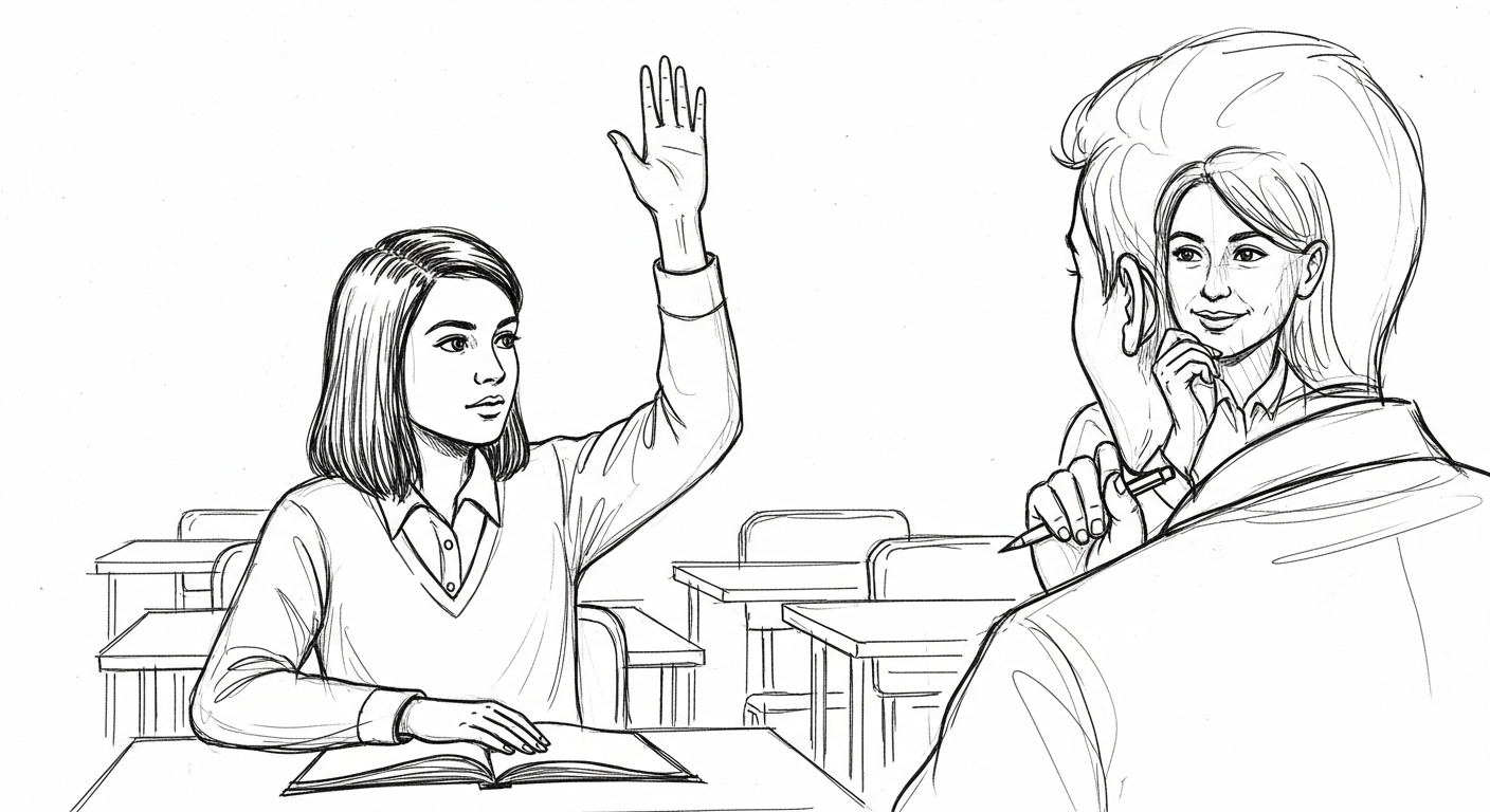 교실에서 질문하는 학생과 교사