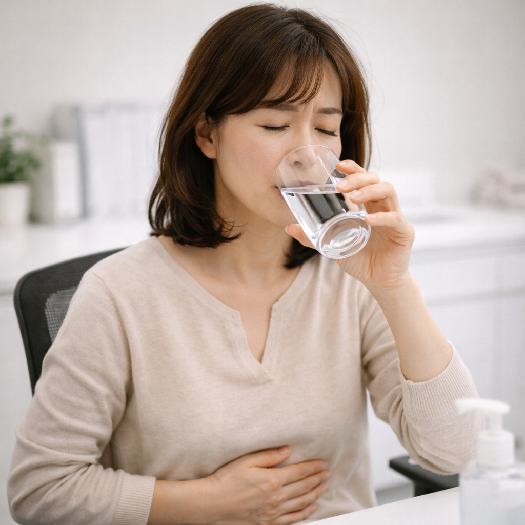 변비 관리를 위해 물을 마시는 성인의 모습