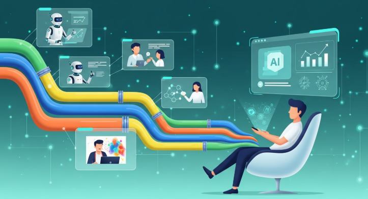 AI 자동화로 여러 부수입 파이프라인을 구축하여 경제적 자유를 얻는 사람의 모습. 블로그 작성, 챗봇 운영, 디자인 생성 등 AI 기술이 다양한 수입원을 자동으로 관리하는 미래 지향적인 컨셉.