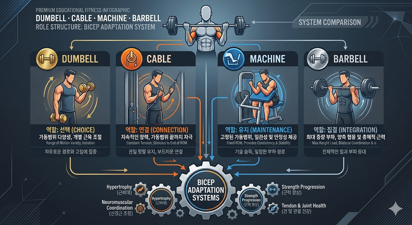 Dumbbell &middot; Cable &middot; Machine &middot; Barbell 역할 구조