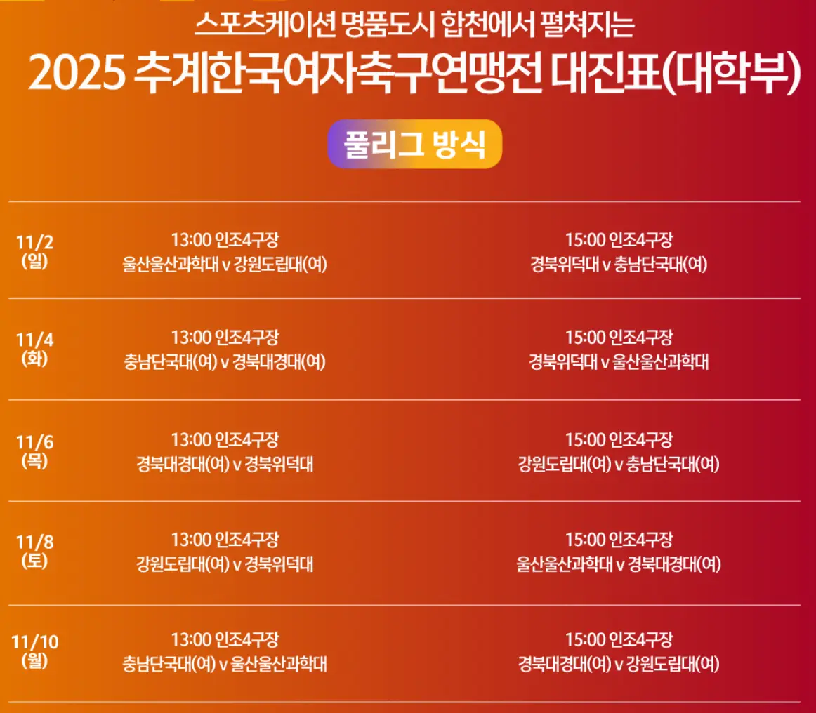 2025 추계 한국 여자 축구 연맹전 경기 일정 및 대진표
