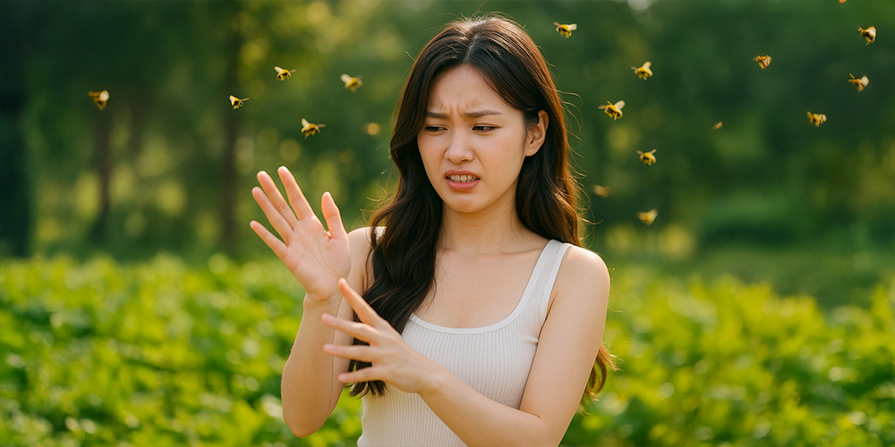 벌에 둘러 쌓인 사람