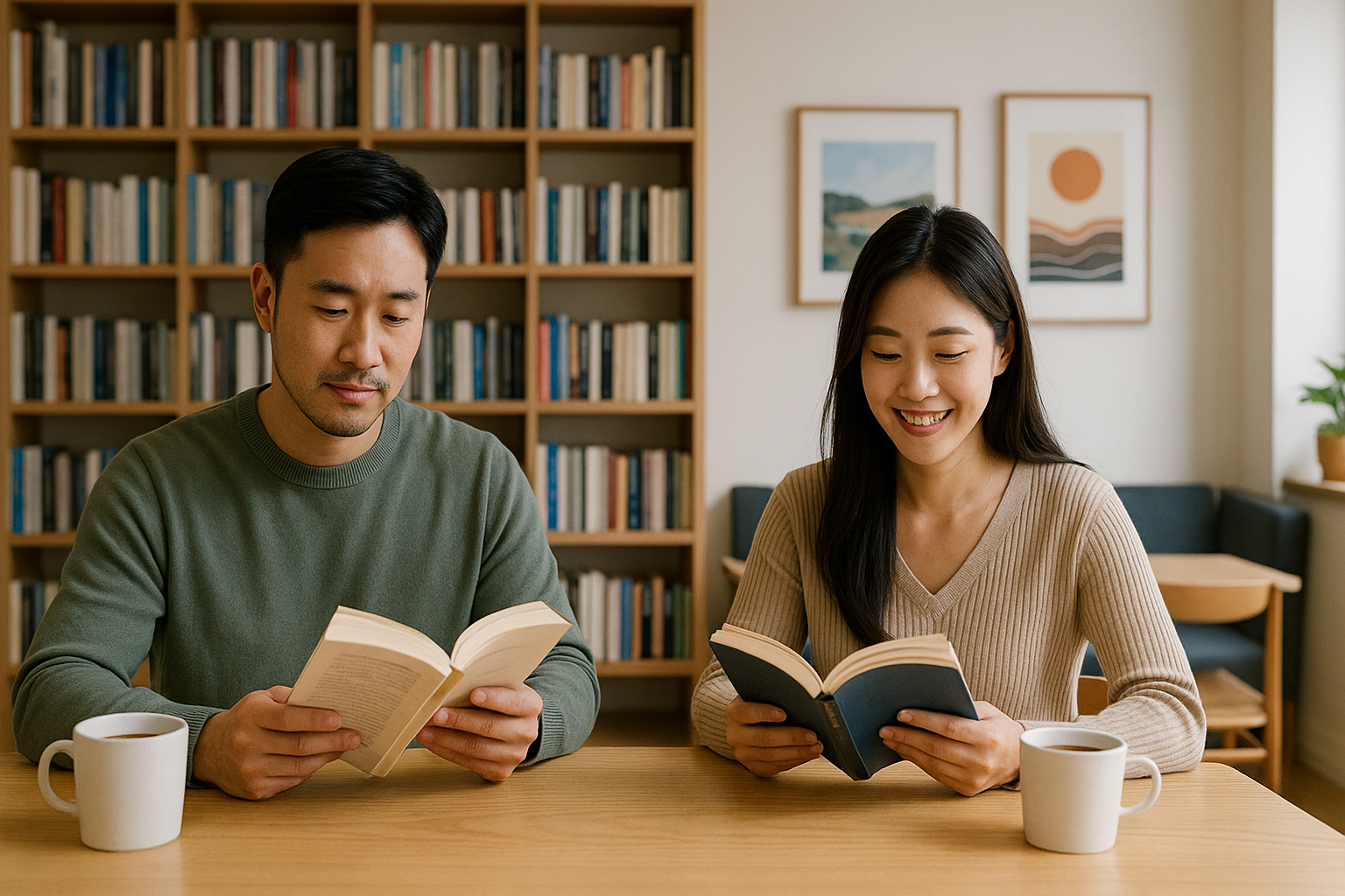 북카페에서 독서하며 커피 즐기는 커플