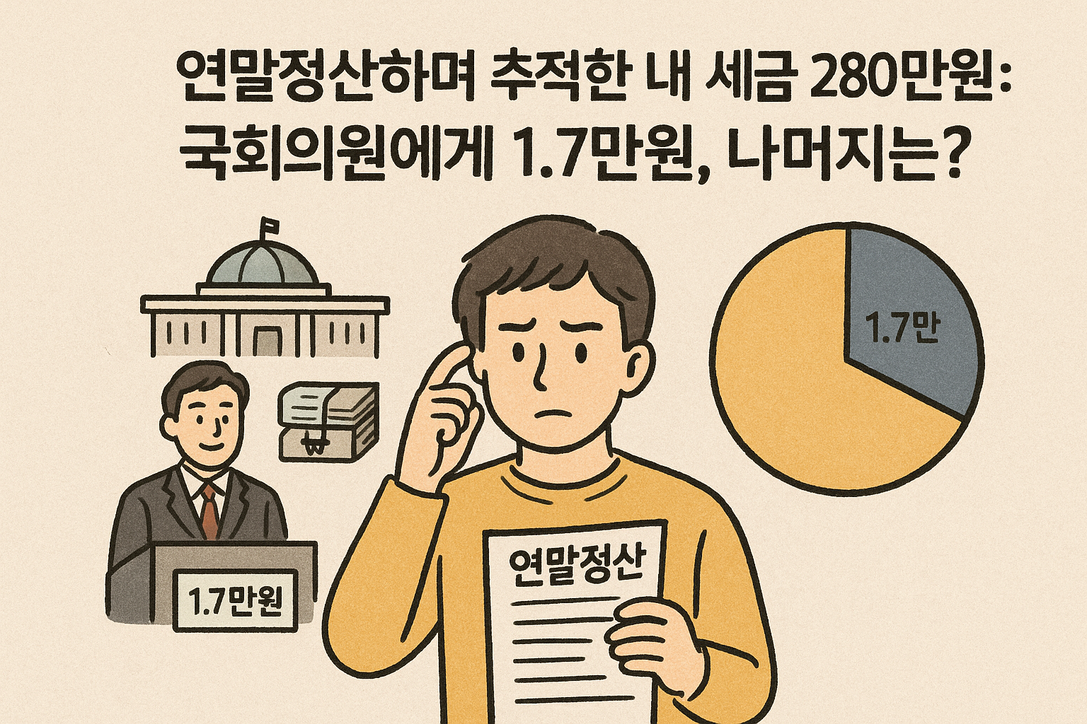 연말정산 서류를 들고 내가 낸 세금 280만 원 중 국회의원에게 1.7만 원이 쓰인다는 내용을 고민하는 남성 일러스트. 국회의사당, 국회의원, 세금 더미, 그리고 1.7만 원이 표시된 파이차트가 함께 배치된 스케치 스타일 인포그래픽