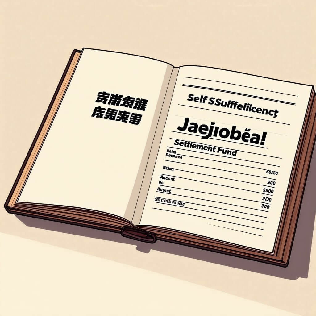 통장 이미지. 통장에는 '자립정착금'이라고 적혀 있고, 잔액이 표시되어 있습니다.